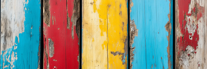 Close-up of colorful peeling paint on wooden planks