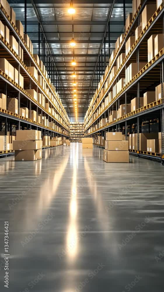Poster warehouse interior with rows of neatly stacked boxes and bright overhead lights illuminating the spa