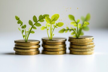 Stacks of golden coins with green plants growing out of them on a white surface with gold sparkles