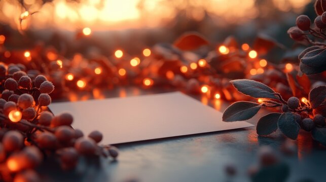 A frame of warm garlands creates a soft glowing border around a blank sheet of paper. - Powered by Adobe