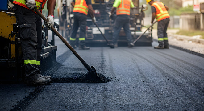 Road Construction Crew Paving Asphalt, Street Repair Project