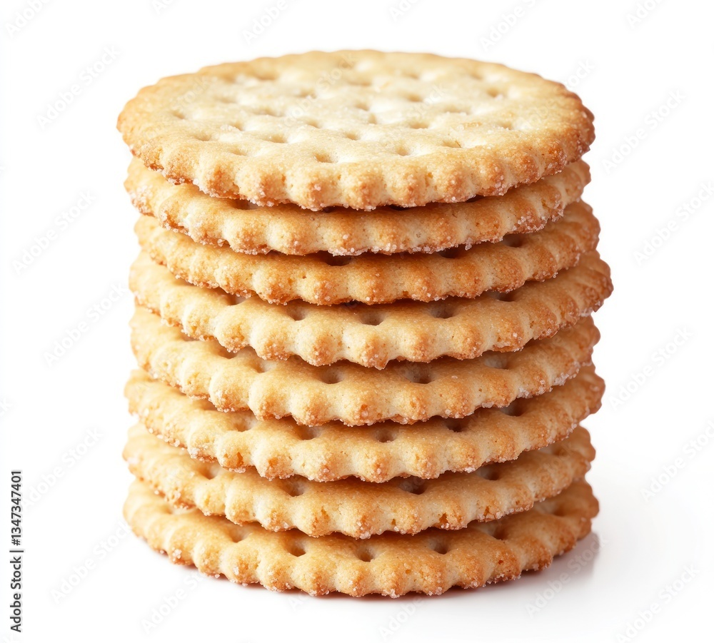 Poster stack of round crackers close up on white background