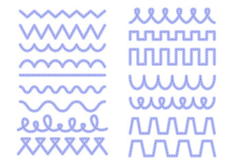 Set of lines of different shapes for tracing, writing practice, learning to write, handwriting. Dotted purple lines on a white background, wavy, zigzag. Preschool children's education, printable tasks