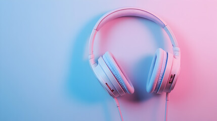 un par de audifonos sobre un fondo degradado  e iluminado en tonos pastel concepto de tecnologia e innovacion 