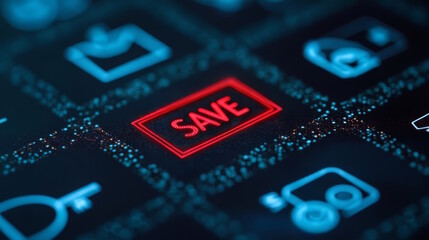 Close-up of a futuristic keyboard with " SAVE "neon glowing key , future technology concept