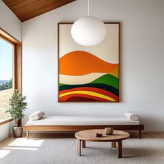 Warm Interior Home View with Minimalist Design Couch Coffee Table and Colorful Abstract Art Piece