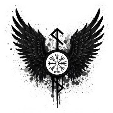 Majestic Black Wings Encircling Vegvisir Compass and Algiz Rune: A Norse Mythology Tattoo Design