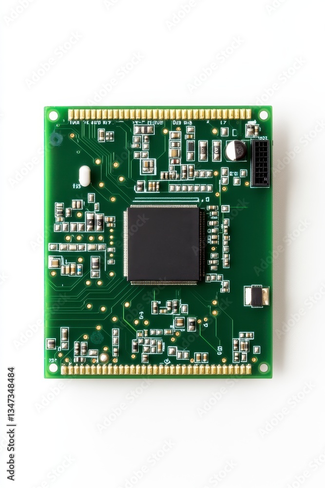 Poster green circuit board with microchip and connectors on white background