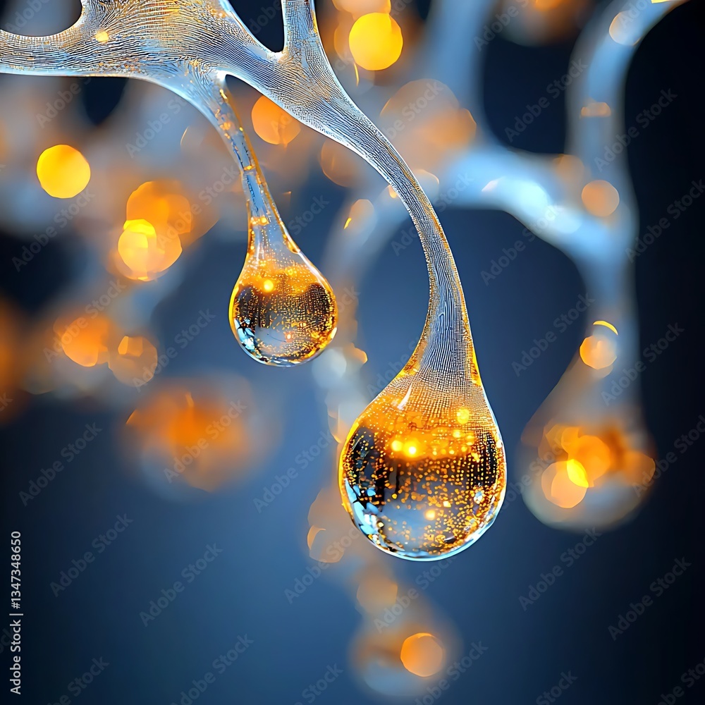 Poster neural network structure with glowing droplets