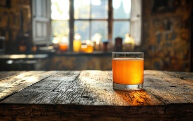 Glass of amber liquid on wood table; window and kitchen in soft background