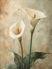 Delicate cream calla lilies against a textured backdrop