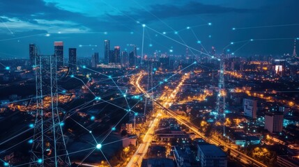 Smart City at Night, Network of Lights and Connections