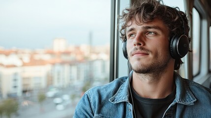 Young man enjoying music while gazing thoughtfully out window, u