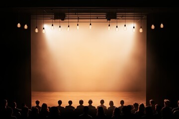 Stage illuminated with warm lights, silhouettes of an eager audi