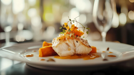 Gourmet Dish in Elegant Setting: A beautifully plated gourmet dish, featuring a perfectly cooked piece of fish, accompanied by vibrant orange vegetables and garnished with delicate herbs.