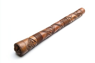 Intricately Carved Brown Wooden Flute on White Background