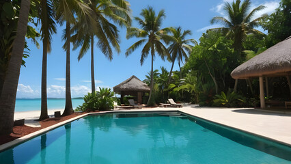 Luxurious swimming pool overlooking a tropical beach in Fiji