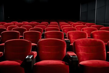 Obraz premium Empty rows of plush red seats create dramatic atmosphere in dark