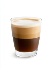Layered Coffee Drink in Clear Glass, Creamy Foam, Brown Tones
