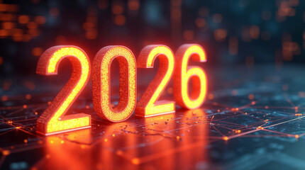 Glowing red digital 2026 on futuristic abstract background in tech style