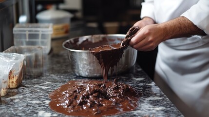 Artisan Chocolate Maker Pouring Melted Dark Chocolate