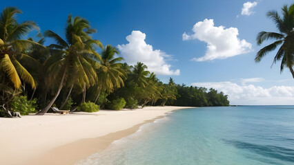 Palm trees line a white sand beach meeting turquoise water under a blue sky with clouds