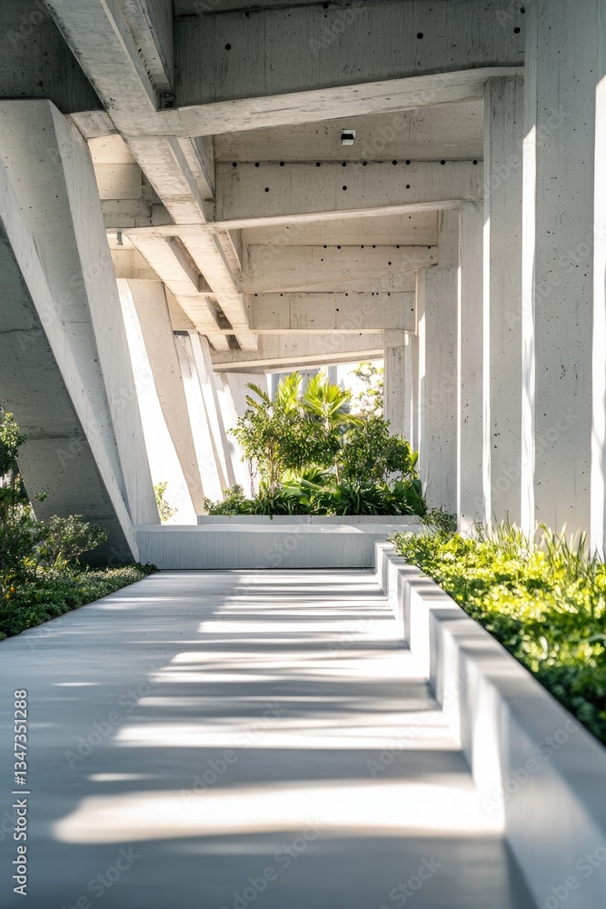 Poster modern architecture blends concrete and greenery, creating seren