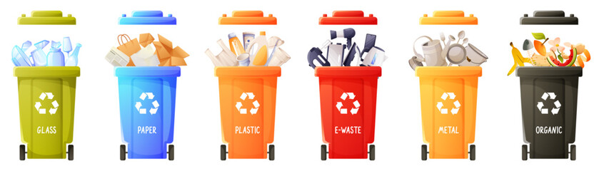Garbage inside trash bins. Waste management concept: segregation, separation, trash bins, sorting, recycling, garbage can. Paper, plastic, scrap metal, glass, organic waste, e-waste.
