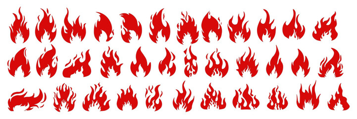Fire icons. Hot burning flame, campfire and energy red symbols. Awesome, exciting or cool fire emoji, blaze bonfire. Fireball logo isolated vector set