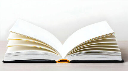 Obraz premium Open Book With White Blank Pages and Golden Edges on Light Wooden Surface with White Background