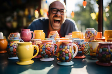  A doting father and his curious toddler son enthusiastically participate whimsical make believe session, joyfully pretending to delicately sip imaginary tea from their vibrant and playful toy tea cup
