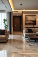 Fototapeta premium Retro modern hall interior showcases sleek design with minimalist decor. Concept emphasizes retro modern hall interior aesthetic, blending style with functionality seamlessly.