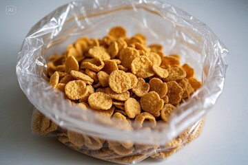 Image of a clear plastic bag containing corn flakes with a golden brown color and a slightly curled