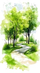 Obraz premium Winding Path for Green Park, Watercolor Landscape.