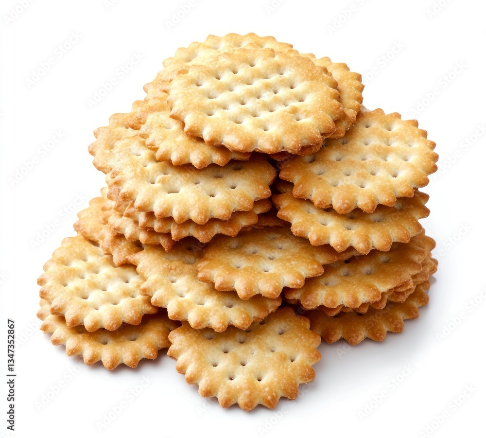 Poster stack of round crackers on white background ready for snacking