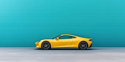 Sleek yellow sports car against vibrant turquoise backdrop, show