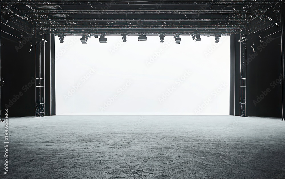 Poster empty stage setup with lighting rigs and white backdrop background