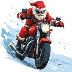 Santa Claus Rides Motorcycle Through Snow.