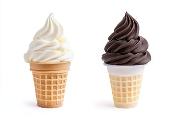 Vanilla and Chocolate Ice Cream Cones on White Background