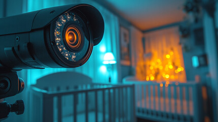 A camera is pointed at a baby crib