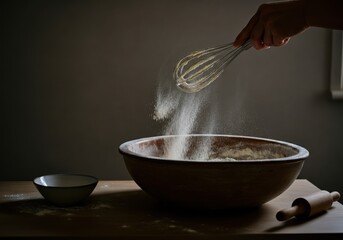Hand whisking flour in a bowl, creating a cloud of baking powder