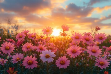 Fototapeta premium Vibrant wildflowers bloom under a golden sunset in a tranquil field filled with color