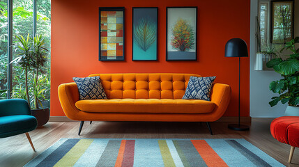 A living room with a red wall and orange couch