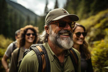 Fototapeta premium A jubilant cluster of companions leisurely walking through a verdant park, warmly embracing each other with elation