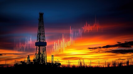 Obraz premium Drilling rig at sunset with digital soundwave overlay depicting energy trends in the oil industry