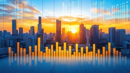 City skyline with sunset, digital sound wave, urban landscape, evening view, vibrant colors, technology art