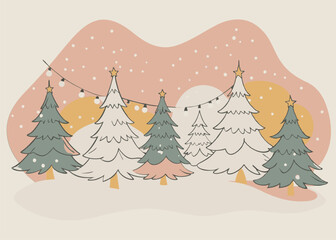 Obraz premium Festive Winter Landscape with Christmas Trees and Lights