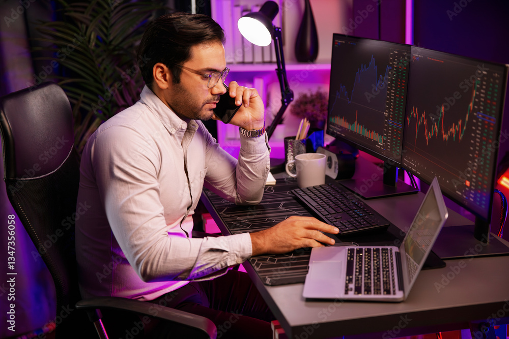 Poster trader smart businessman calling to broker or partner, analyzing in dynamic stock exchange investmen