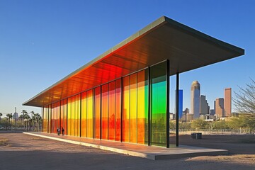 A vibrant pavilion showcases a colorful glass facade, offering a stunning city skyline view.