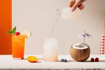 Refreshing tropical summer beverages with fresh fruit and coconut garnish